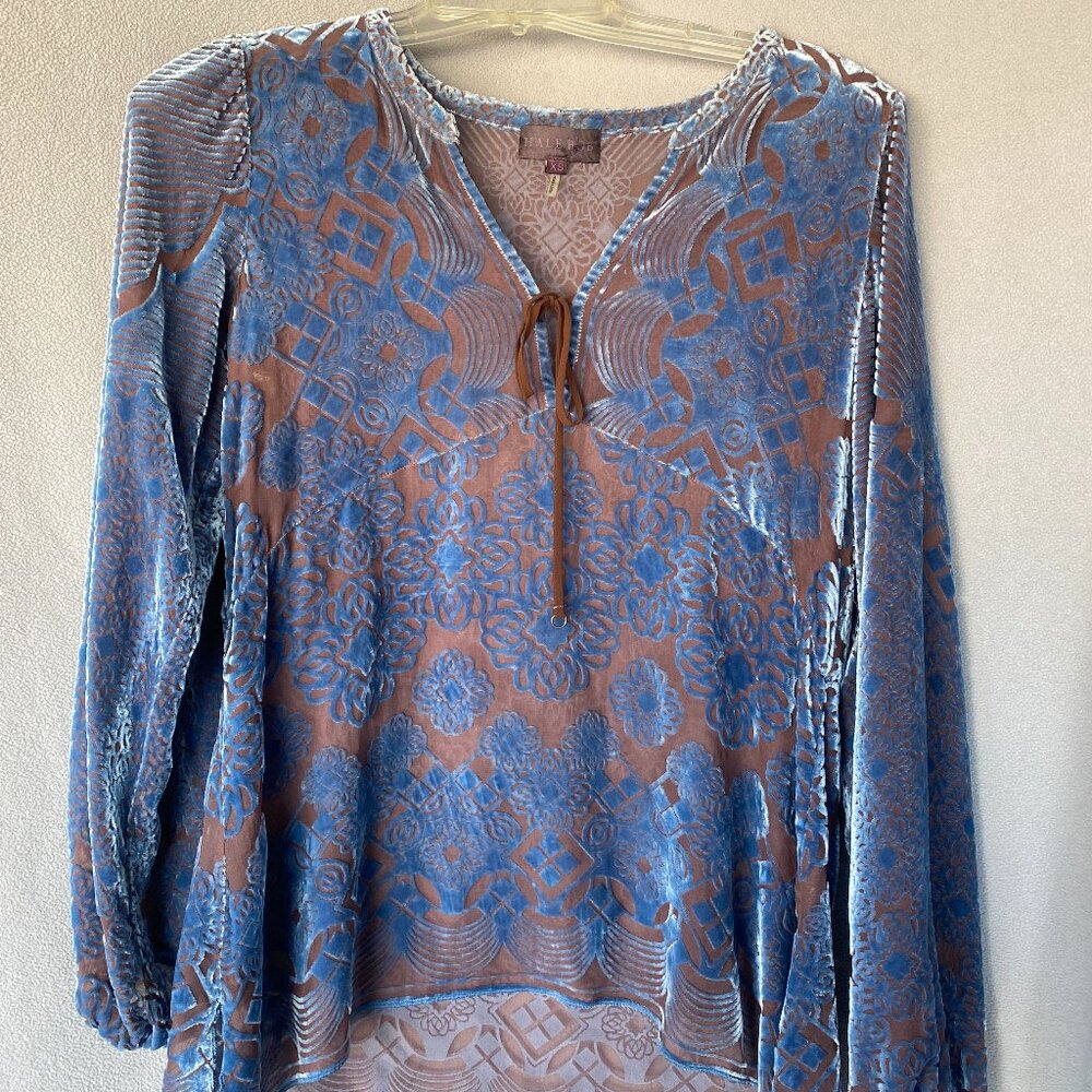 Hale Bob Blue Burnout Velvet Sheer Boho Blouse Size XS | Long Sleeve Peasant Top